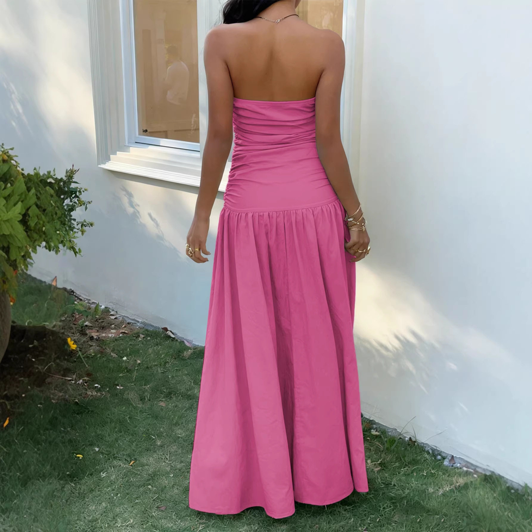 French Style Strapless Maxi Dress Soft Fabric Waist Tie Design Non Slip Strips Summer Vacation Wear Wholesale