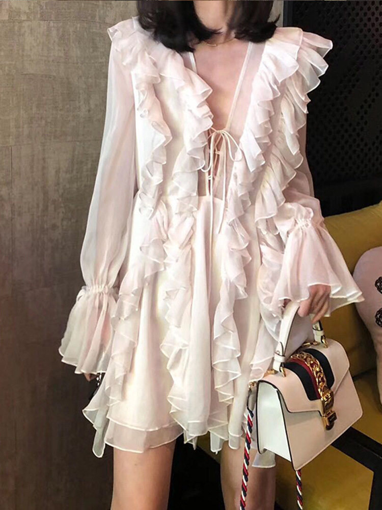 Đầm maxi nữ ren hoa trắng tay dài cổ chữ V thắt eo — Trắng chi tiết 10