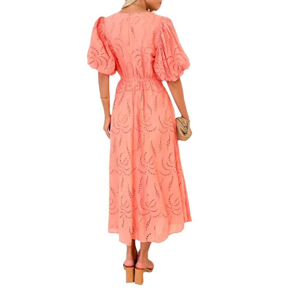 Womens Hollow Out V Neck Short Sleeve Dress Solid Color Waist Defining Elegant Style Perfect for Autumn Events