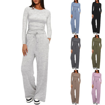 2025 Cross-Border European and American Amazon New Product Pure Color Casual Long-Sleeved Suit Top High-Waisted Wide-Leg Pants Sportswear