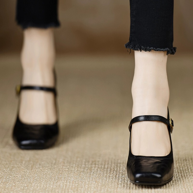 Giày Mary Jane nữ mũi vuông quai ngang phong cách cổ điển — Màu đen 5cm, Màu đen 7cm, Màu đỏ 5cm, Màu đỏ 7cm