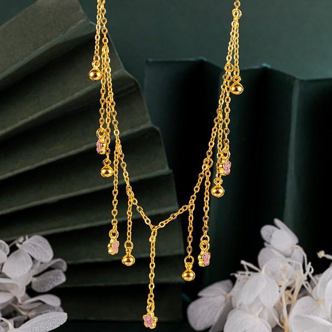New Sandy Gold Necklace Peach Blossom Tassel Set Chain Burned Blue Niche Elegant Gold Plated Clavicle Chain Chanel Style Necklace Gift
