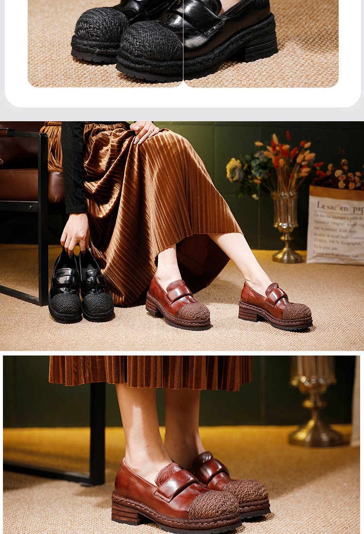 Giày lười nữ da ngựa thật cao cấp gót vừa 3-6cm, đế cao su tự nhiên, dáng mũi tròn — đen, nâu