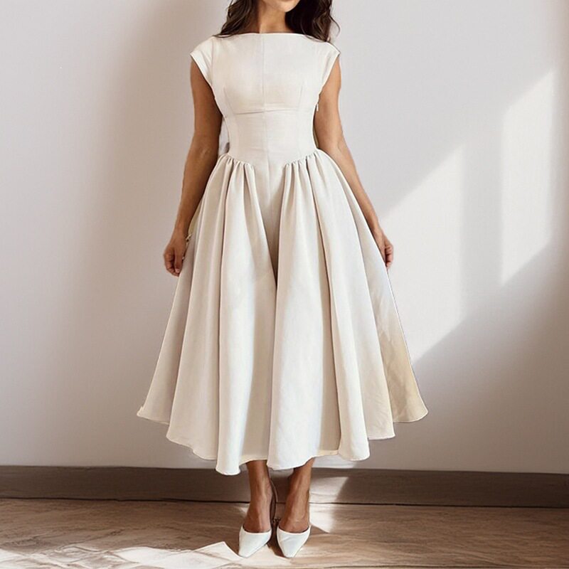 Elegant Sleeveless A Line Dress Solid Color Waist Defined Round Neck Spring Fashion for Women Wholesale Available