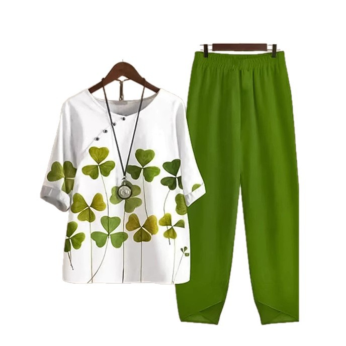 Summer Casual Set for Women Printed Round Neck T Shirt and Loose Long Pants Comfortable and Stylish for Everyday Wear