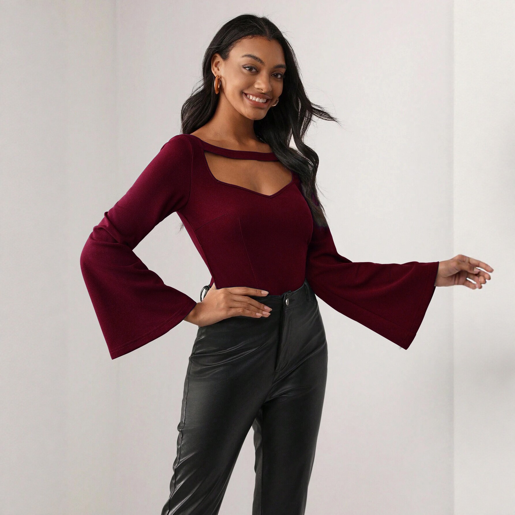 Bell Sleeve Top Hollow Design Slim Fit Elegant Style Perfect for Office Wear Wholesale Available