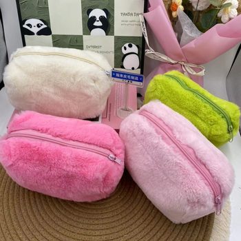 Ins Girl's Macaron Plush Pencil Bag Handbag Candy Color Portable Sweet Soft Waxy Cosmetic Bag Pencil Bag