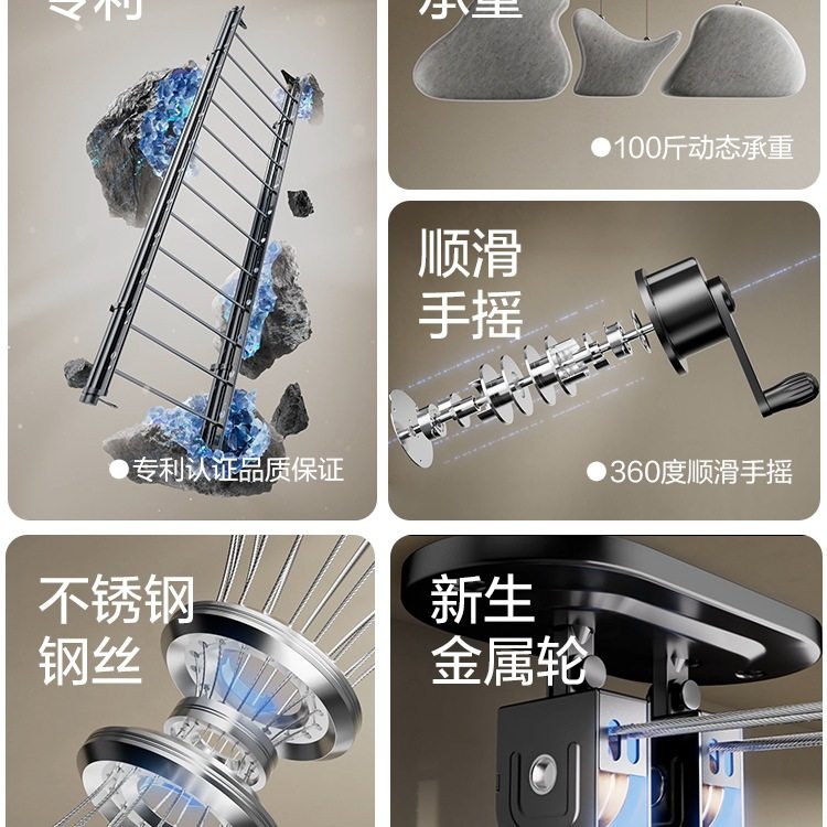 Adjustable Clothes Drying Rack with Manual Crank for Balcony Indoor Use, Automatic Top-Mounted Manual Clothes Drying Rack