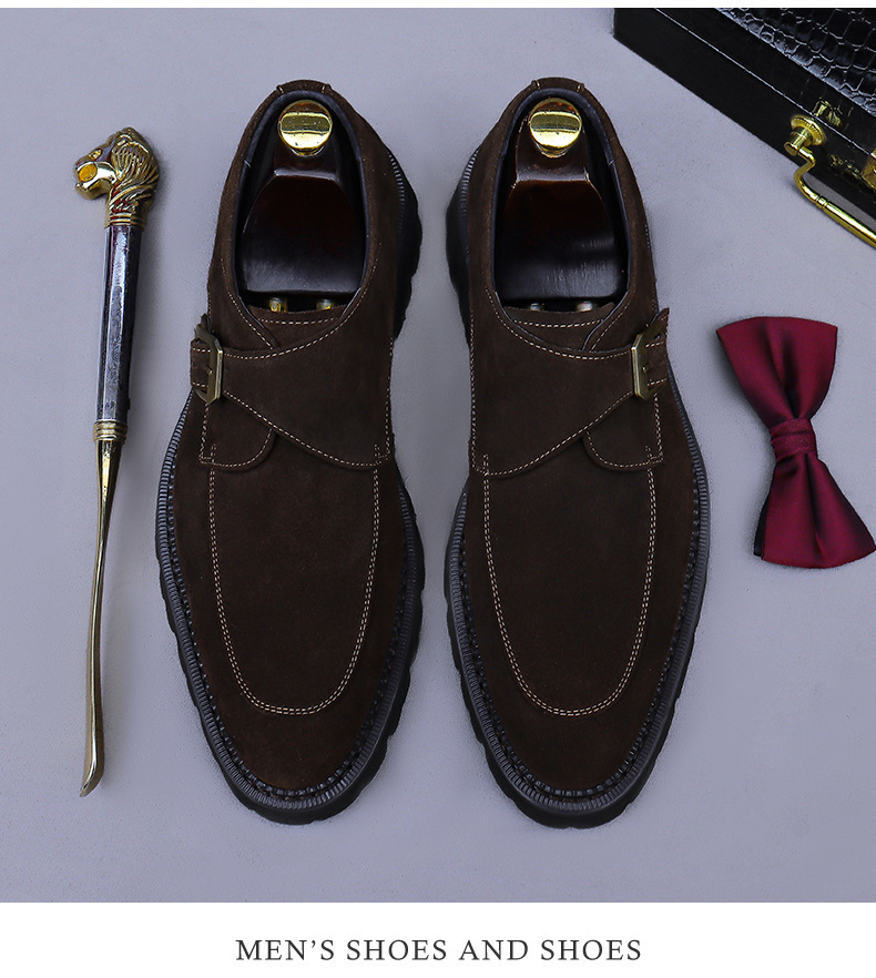 Giày loafer nam da bò lộn mũi tròn khóa cổ điển đế dày tăng chiều cao — đen, màu nâu mocha