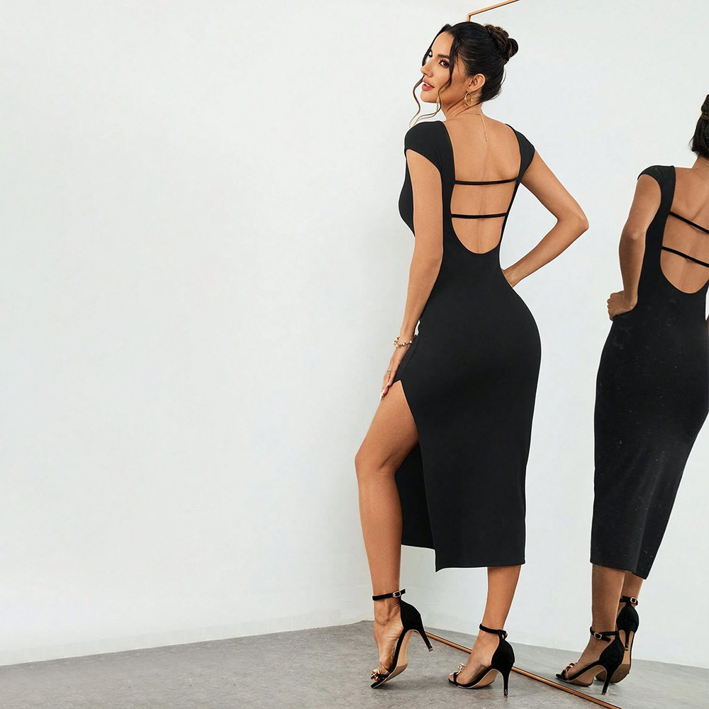 Black Short Sleeve Bodycon Dress Slim Fit Round Neck Side Slit Summer Casual Wear for Women Wholesale Available