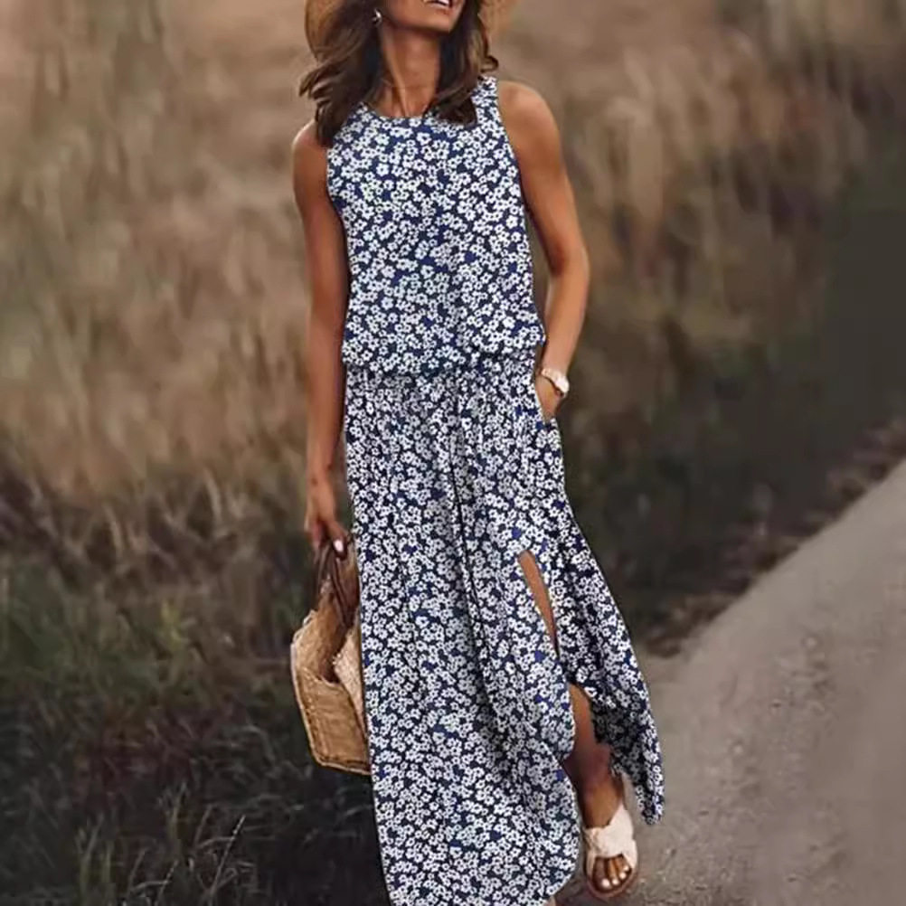 Floral Print Sleeveless Maxi Dress Round Neck Split Hem Lightweight Fabric Summer Casual Wear Wholesale Available