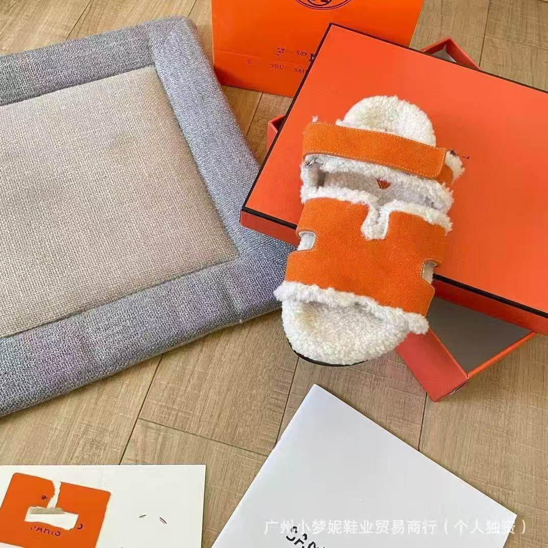 24 Autumn New Foreign Trade Large Size Lamb Wool H-Shaped One-Line Fur Slippers European and American Outerwear Women's Shoes in Stock