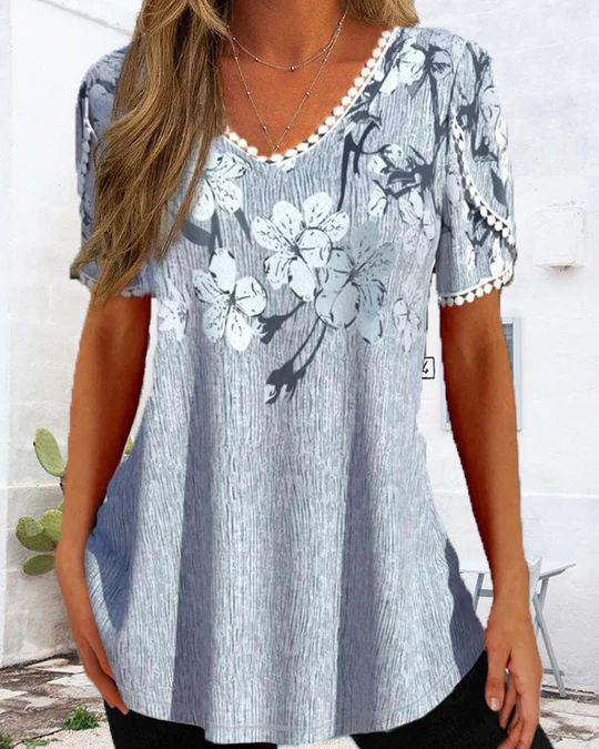 Womens Summer V Neck Floral Print Top Short Sleeve Lace Trim Comfortable Casual Style Wholesale Available