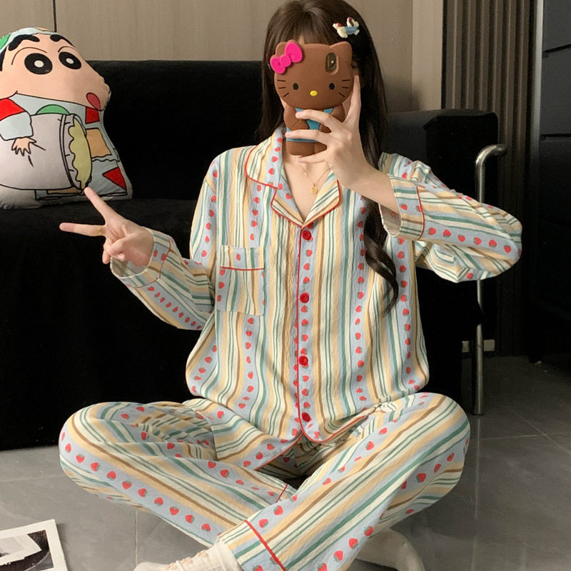 带胸垫大码睡衣女春秋季长袖甜美少女草莓条纹家居服套装现货跨境