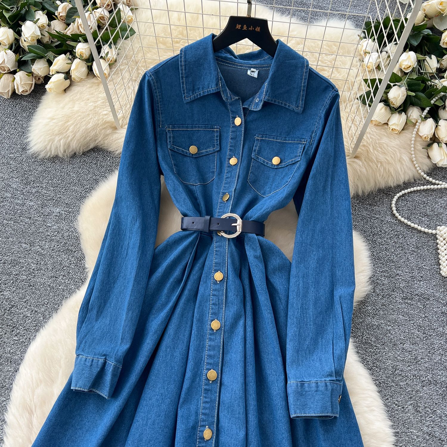 Vintage Inspired Long Sleeve Denim Dress for Women Elegant Fit Waist Tie Button Closure Pleated Design Perfect for