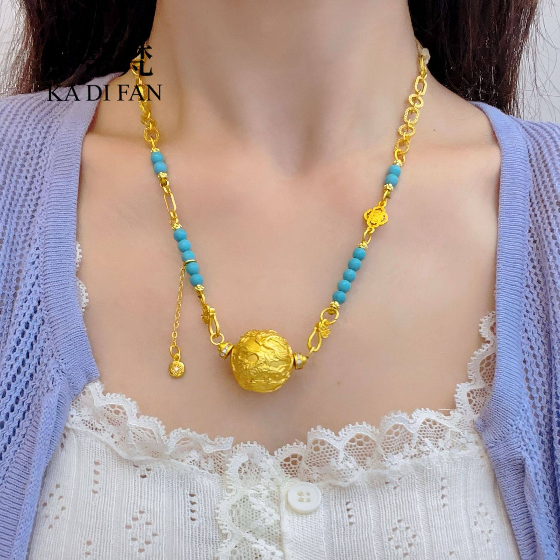 Real Gold-Plated High Color Retention Sand Gold Dragon Bead Turquoise Necklace for Women 2025 New Chinoiserie Dragon and Phoenix Auspicious Transfer Bead Clavicle Chain