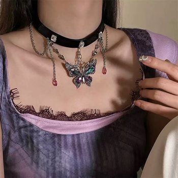 Maillard Crystal Butterfly Clavicle Chain Sweet Cool Choker Necklace Female American Hot Girl Temperament Leather Necklace
