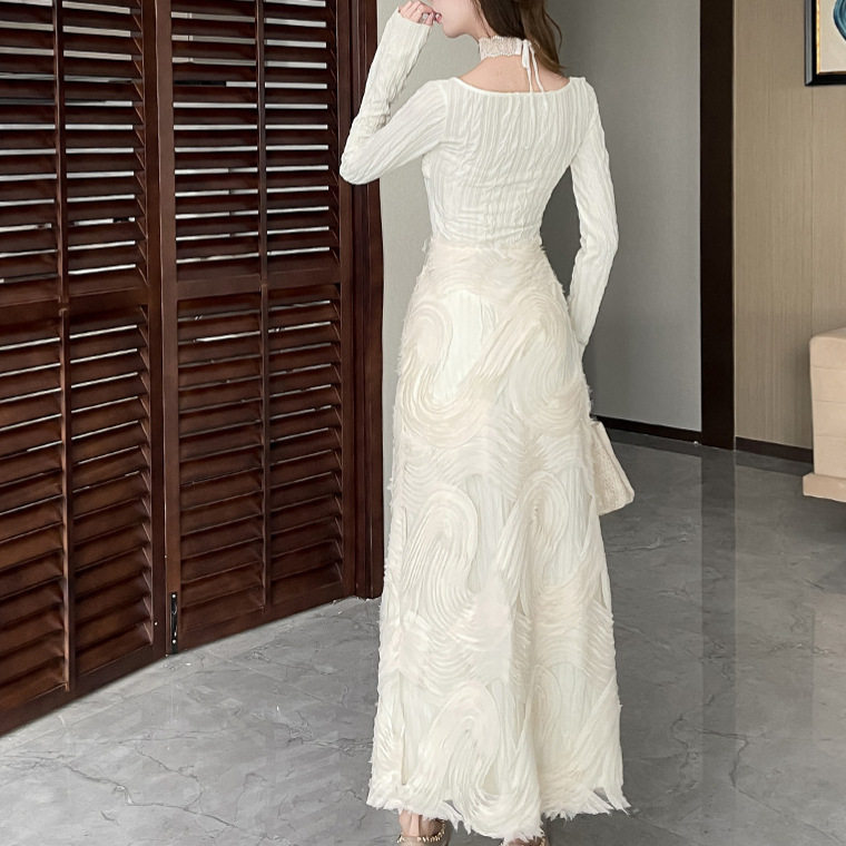 French Romantic White Textured Knit Dress Square Neck Long Sleeve Waist Cinching Elegant Evening Wear for Fall and