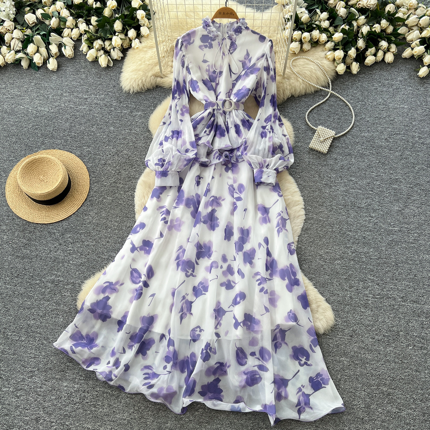French Style Long Sleeve Stand Collar Lantern Sleeve Printed Chiffon Dress for Women Elegant A Line Silhouette Summer