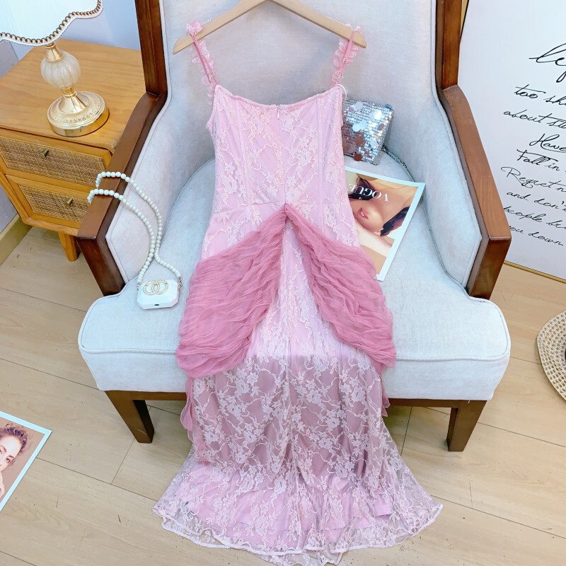 Đầm dây maxi nữ ren lưới phối nơ thắt eo dáng suông — Hồng phấn hồng phấn