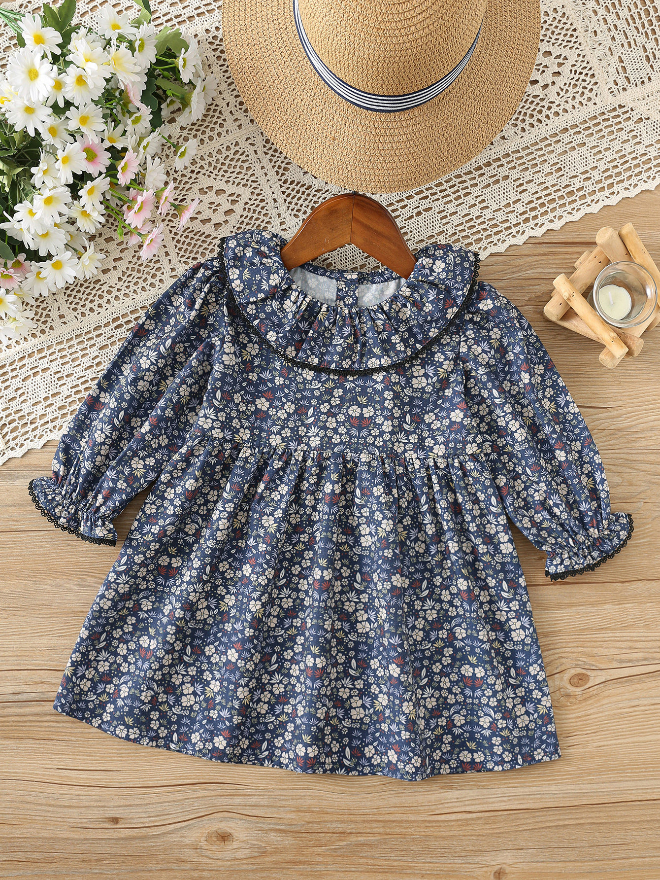 lapel floral long-sleeved girls' dress long-sleeved sweet children's princess dress