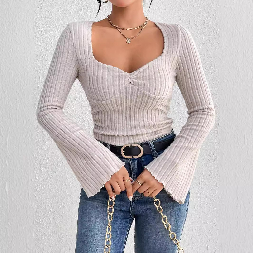 Elegant Womens T Shirt Square Neck Flared Sleeves Slim Fit Spring Summer Casual Wear Wholesale Available