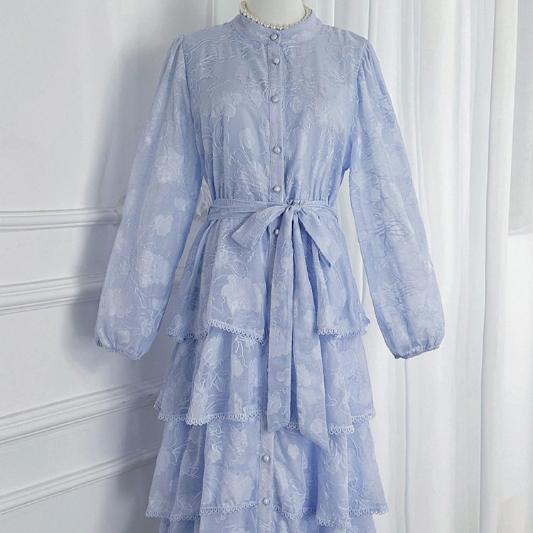 Elegant Lace Trimmed Ruffled Hem Dress High End French Style Waist Tie Slim Fit Autumn Fashion for Women Wholesale