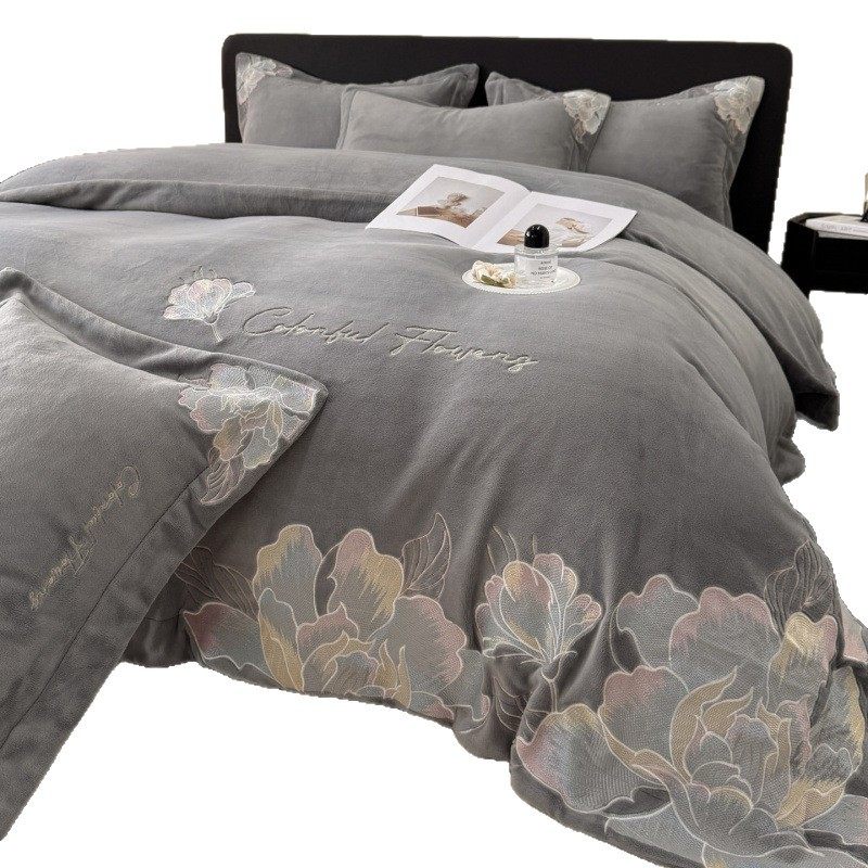 New Milk Velvet Embroider Technology Warm Winter Thickened Four-Piece Bedding Set Student Dormitory Three-Piece Set