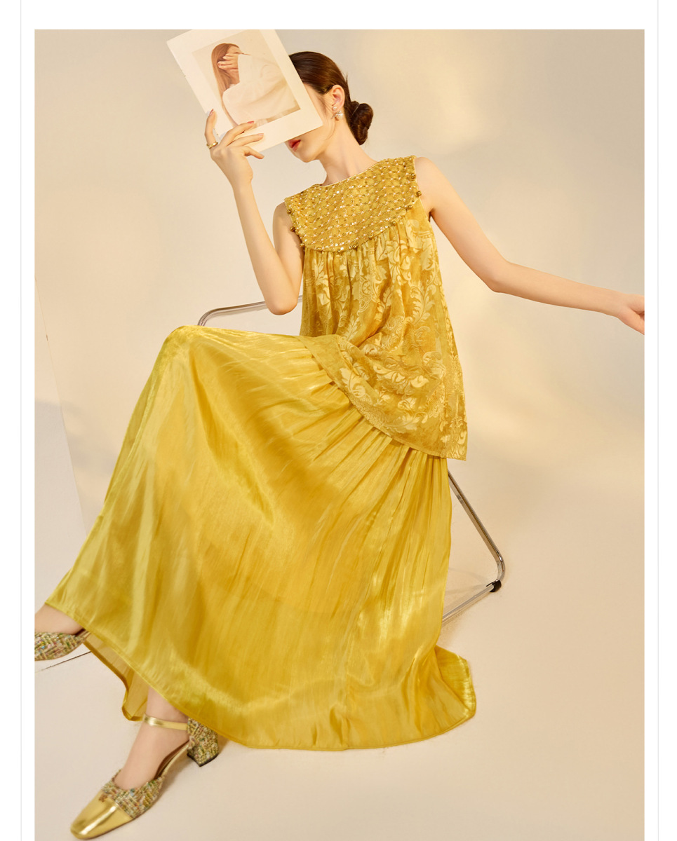 Đầm maxi nữ dài không tay cổ tròn đính cườm thêu hoa dáng tiên nữ — màu vàng kim, Xanh lá cây