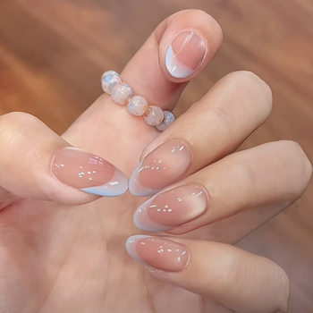 Chasing the Light Cat Eye Ice Blue French Wearable Nails Casual and Easiest for Match Medium-Length Nail Art Pieces 30 Pieces Full Size Fake Nail Patch