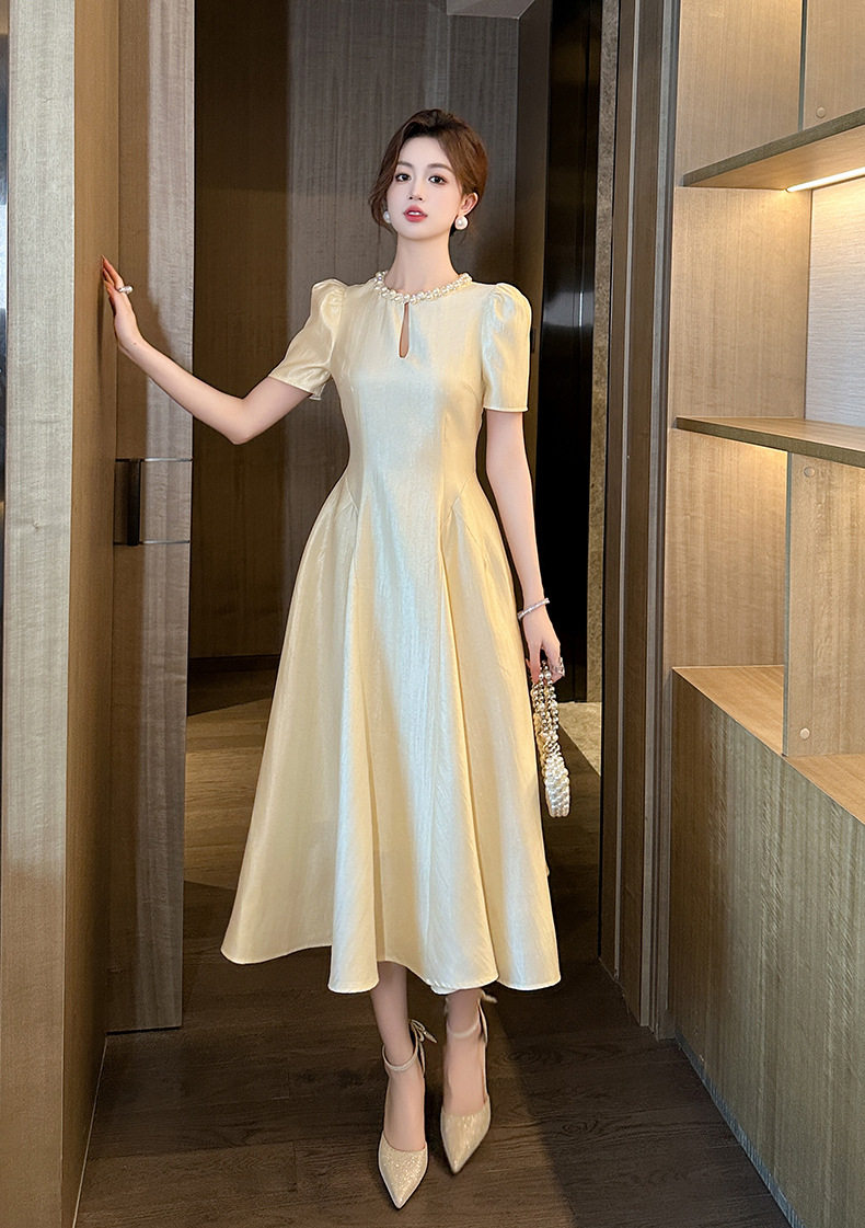 Đầm maxi nữ thắt eo cổ tròn tay ngắn phong cách Pháp — [Màu champagne] chi tiết 5