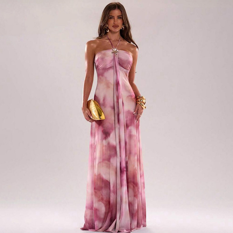 Summer Womens Tie Dye Backless Bodycon Dress Stylish Sexy Halter Neck Comfortable Fabric Perfect for Parties and