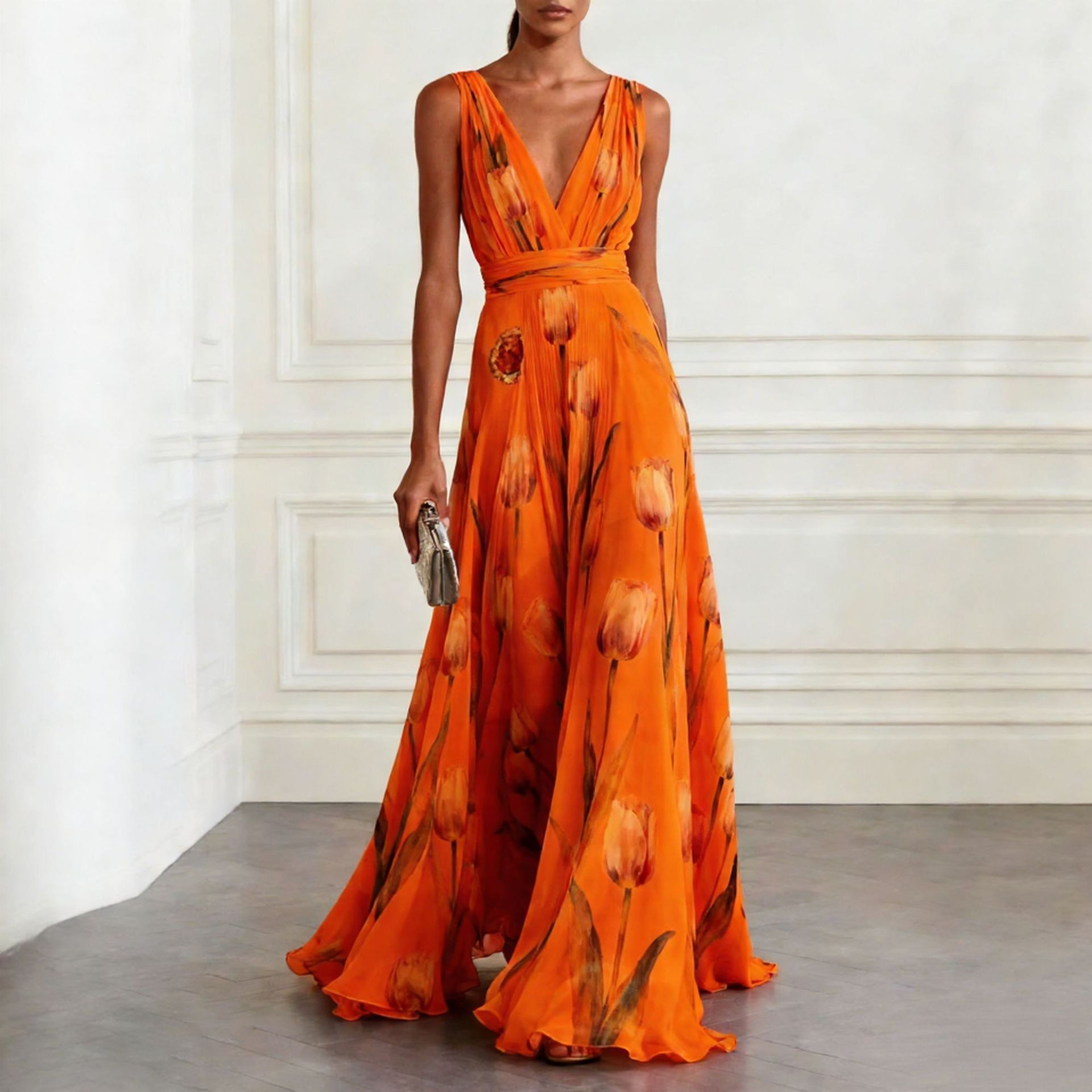 Floral Maxi Dress Summer Style Loose Fit V Neck Sleeveless Waist Defined Casual Wear Wholesale Available
