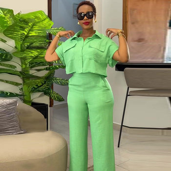 in stock cross-border European and American women's clothing 2024 summer new casual lapel short sleeve shirt wide leg trousers fashion suit