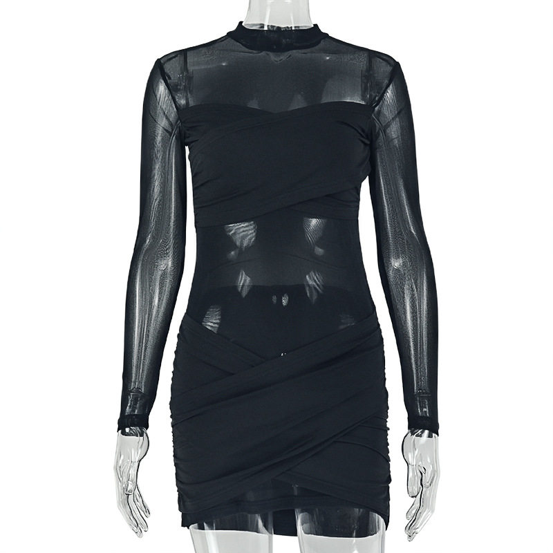 High Neck Long Sleeve Bodycon Dress Sheer Mesh Slim Fit Solid Color Fashionable and Sexy for Parties Wholesale