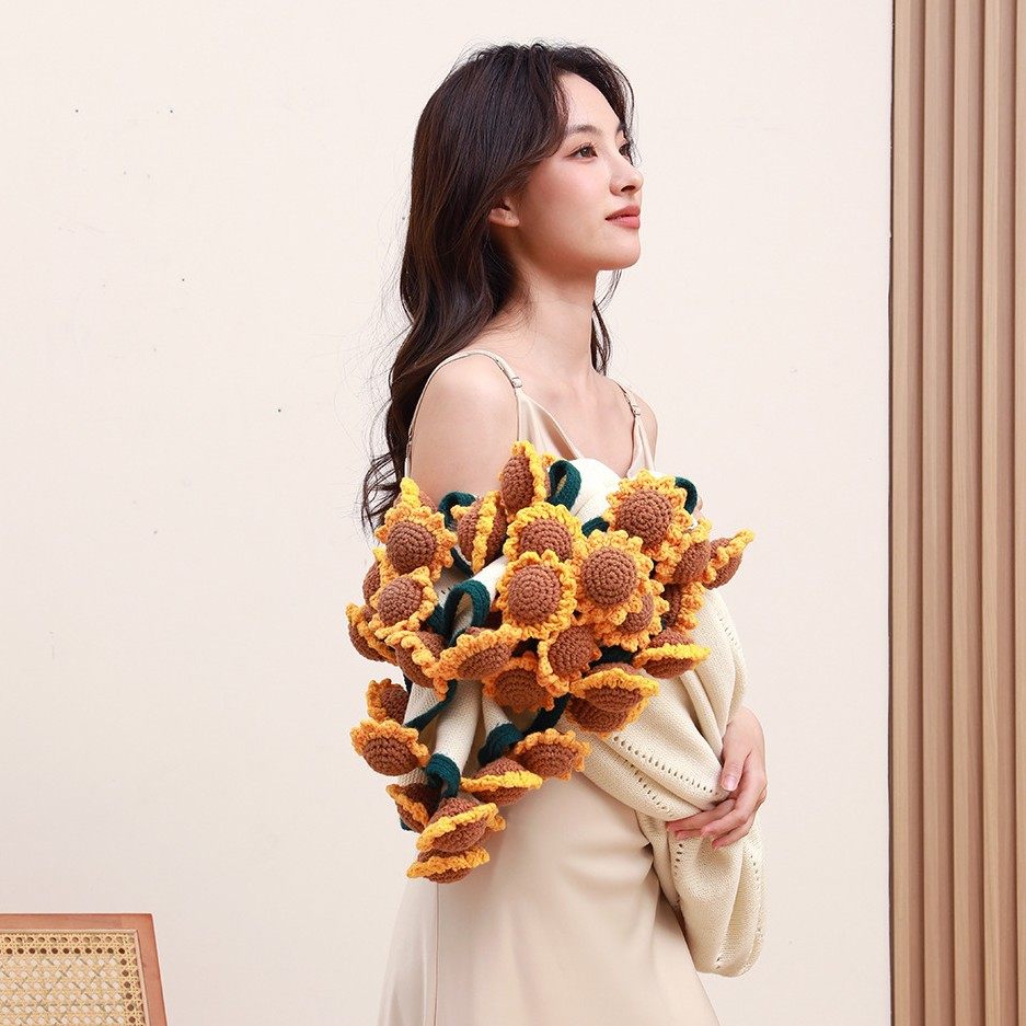 Sunflower Bouquet Blanket Finished Product Won the First Prize in One Fell Swoop. Flower Blanket Wool Ball Hand-Knitted Blanket as a Gift for Students