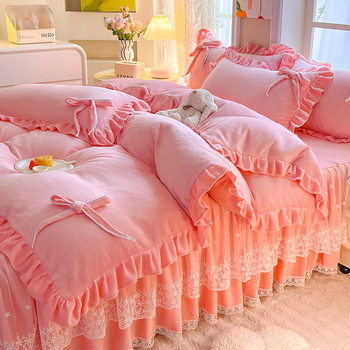 2025 New Milk Velvet Lace Bed Skirt Four-Piece Set - Romantic Flower Language Series 1.8m Bed Sheet Three-Piece Set