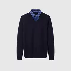 [Sea brand cut label] Autumn solid color pullover double collar sweater classic simple V-neck fake two pieces 3Q051A