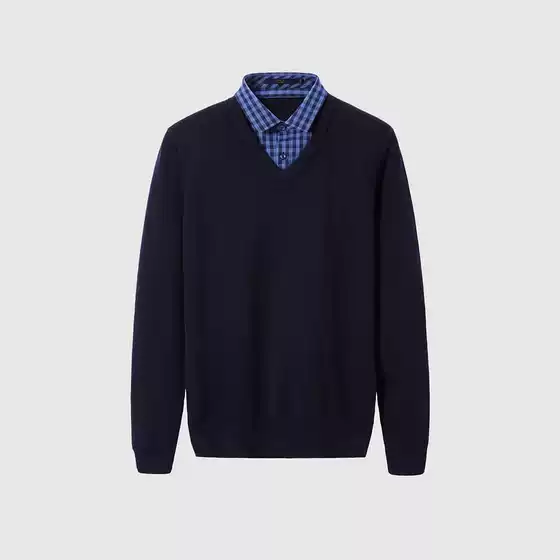 [Sea brand cut label] Autumn solid color pullover double collar sweater classic simple V-neck fake two pieces 3Q051A