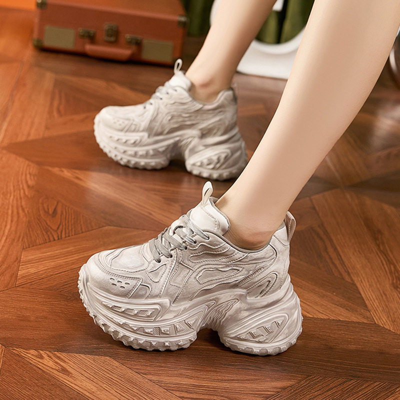 Giày sneaker nữ chunky đế dày platform, phong cách thể thao đa năng, gót siêu cao 8 cm — Đen, Tro gỗ thô, Đen và nhung hồng, Nhung xám gỗ