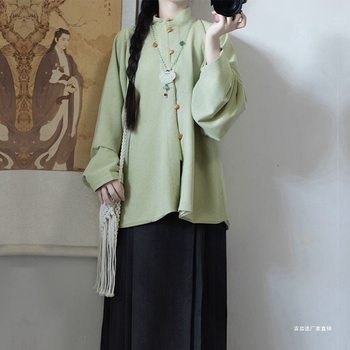 Light Shirt Style: Ming Dynasty Autumn and Winter Thickened Fleece Stand Collar Double-Breasted Bow Pocket Sleeve Short Jacket with Mamian Skirt for Daily Commuting Hanfu