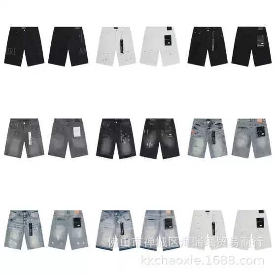 Cross-Border Foreign Trade Wholesale Trendy American High Street Style Ripped Patchwork Vintage Straight-Leg Am Jeans Shorts for Men