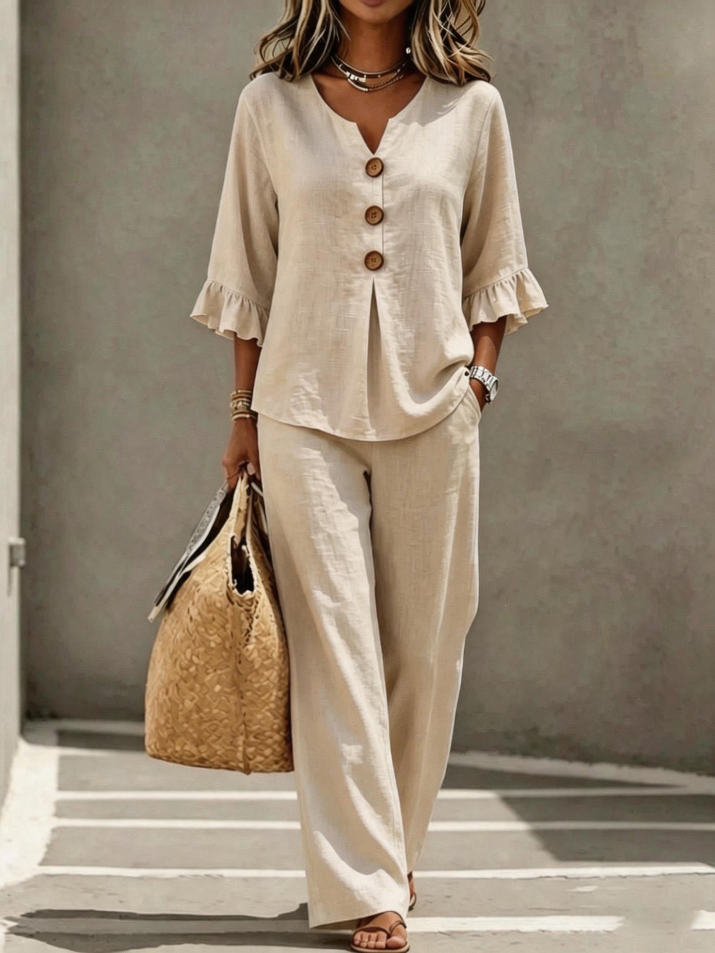 Summer V Neck Casual Top and Long Pants Set Short Sleeve Pocket Design Comfortable Fabric Perfect for Everyday Wear