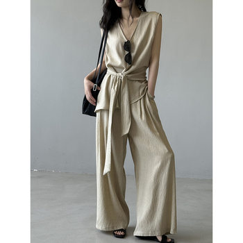 Yanshuang Laqianfeng V Neck Linen Strap Waist Sleeveless Top + Casual Pants Summer New Two-Piece Set 82526