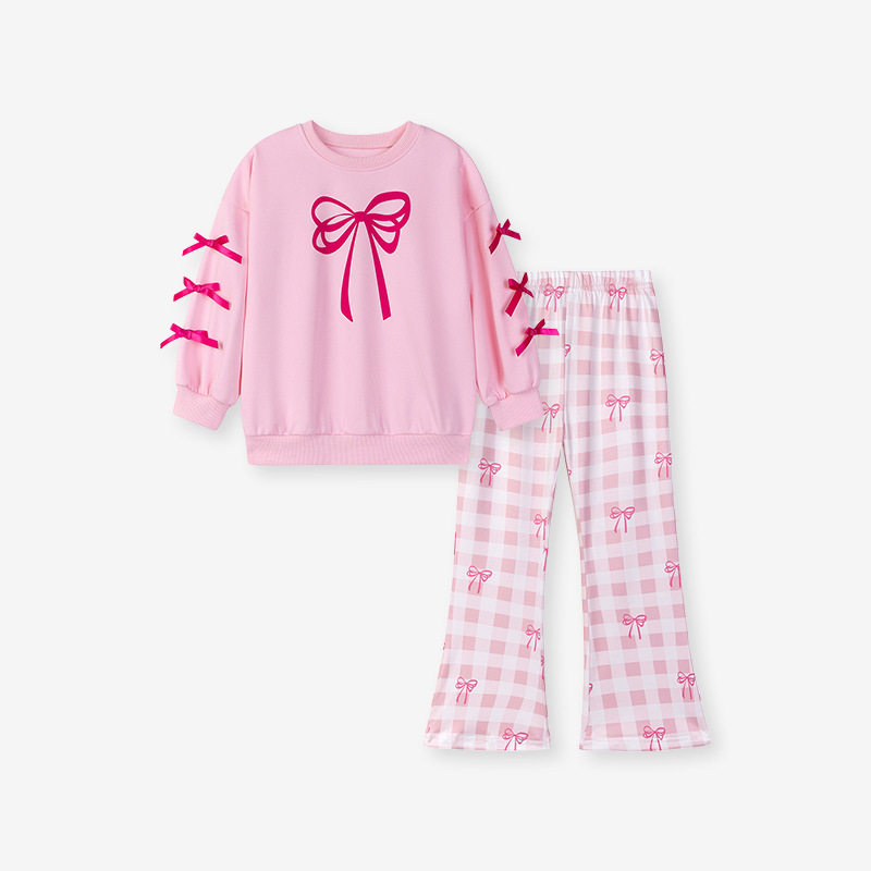 Girls' Autumn Cute Bow Plaid Set, Style Kids' Outfit