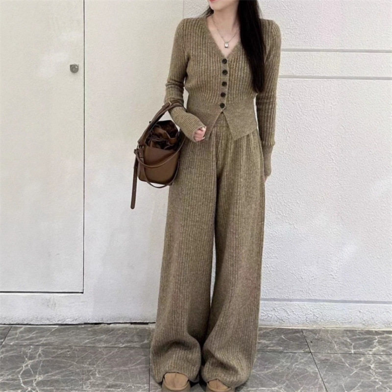 2025 Autumn and Winter Slim Fit Easiest for Match Sweater Suit Women's Two-Piece V-Neck Cardigan Slim High Waist Sweater + Wide Leg Pants