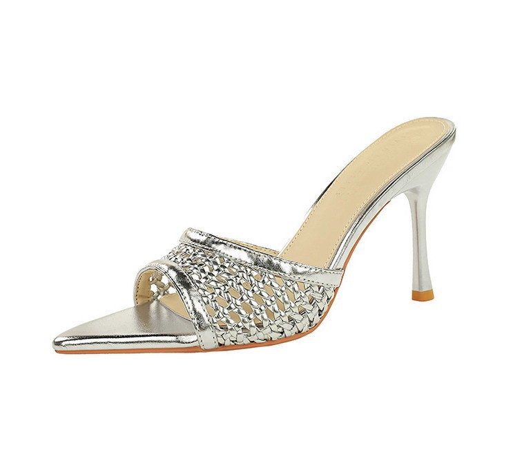 Sandal cao gót nữ mũi nhọn hở ngón quai dệt phối đồ thời trang — Màu bạc, Màu be, màu đen, Màu trắng