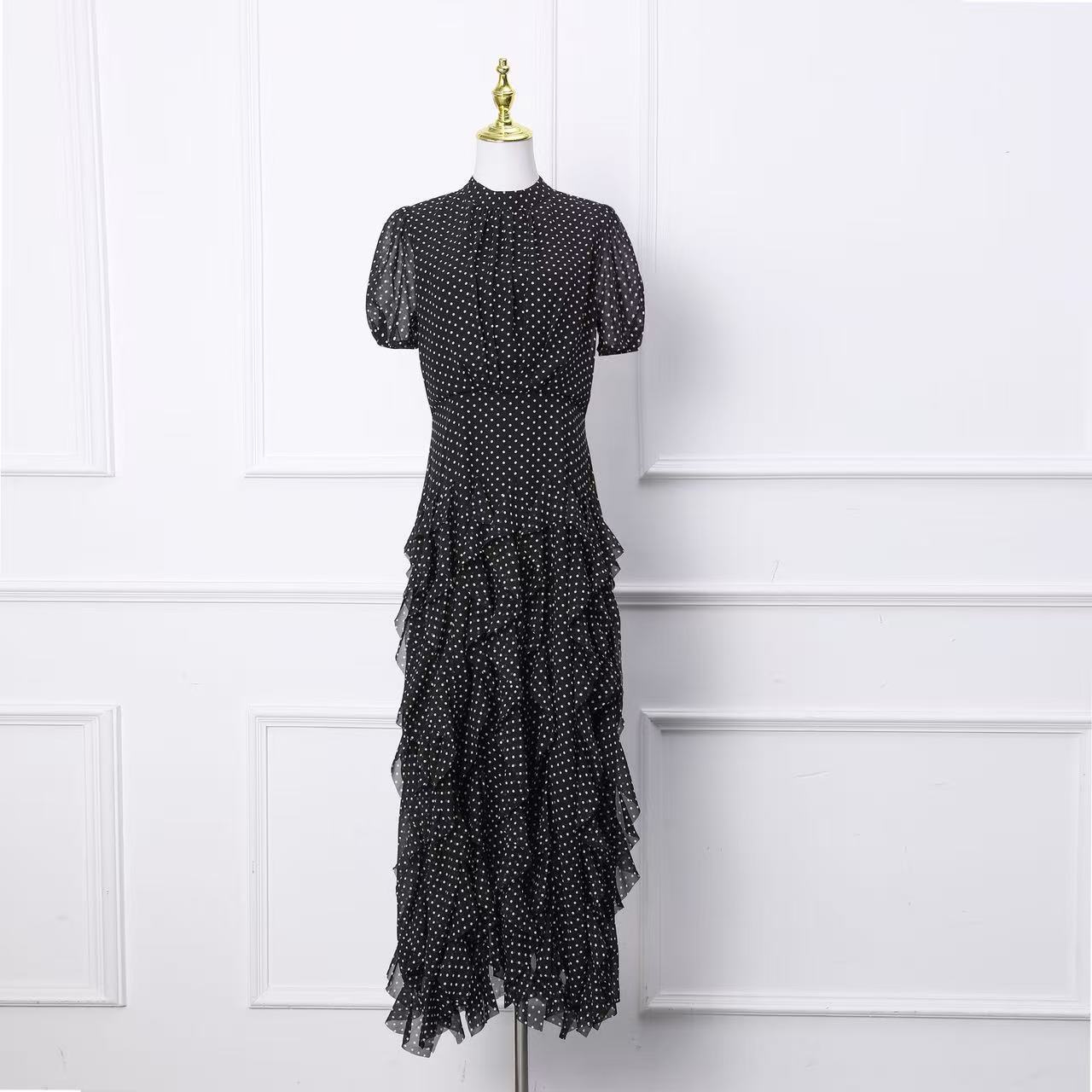 French Court Style Polka Dot Mermaid Maxi Dress Ruffled Hem Waist Defining Scarf Collar Elegant Evening Wear