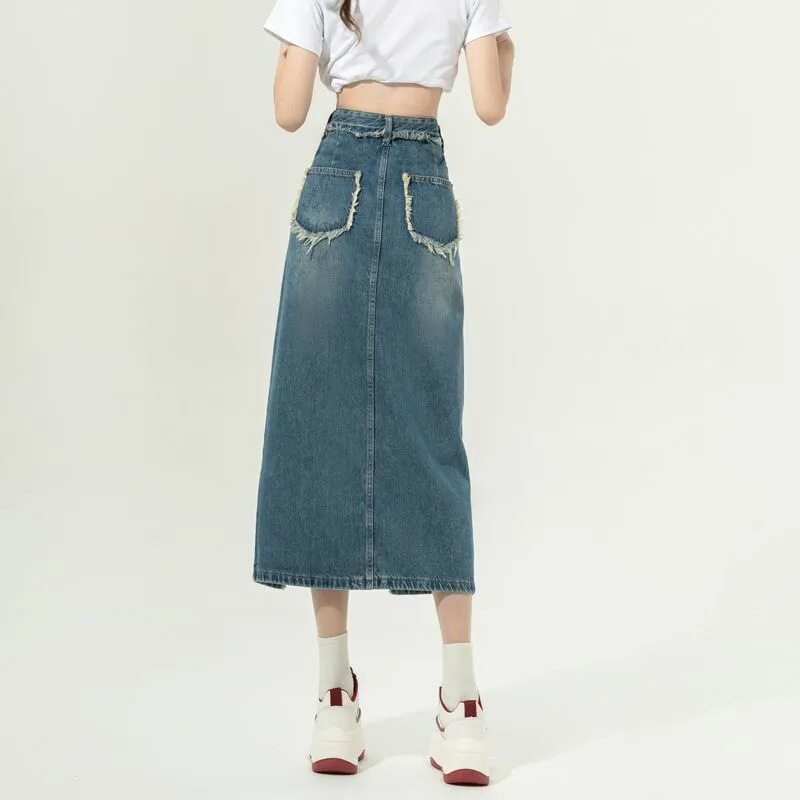 High Waisted A Line Denim Skirt Vintage Style Irregular Hem Mid Length Flattering Fit Spring Fashion Wholesale