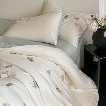 Class a 100S High-Count Long-Staple Cotton Brushed Cotton Spring and Summer Silk Four-Piece Set with Embroidered Butterflies Pure Cotton Bedding for All Seasons